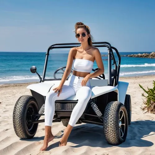 A young woman wearing a white strapless shirt and legging in a beach buggy at the beach,beach buggy,electric golf cart,caterham 7 csr,caterham 7,golf cart,compact sport utility vehicle,jeep wrangler,q