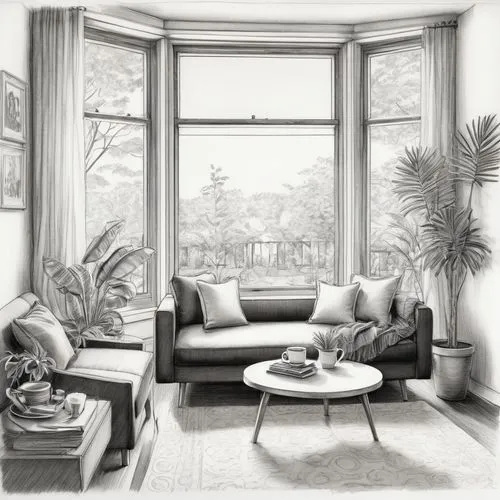 sunroom,livingroom,sitting room,living room,apartment lounge,apartment,Illustration,Black and White,Black and White 30