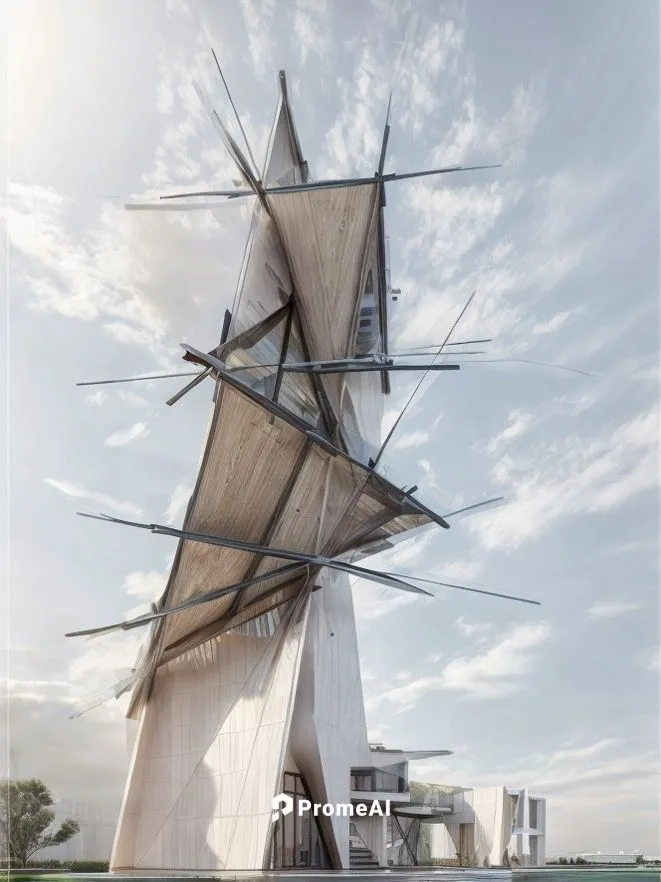 a three storey house facade digital rendering with a tinge of water colour feel, juxtaposition of cube, modern architecture, clean and elegant design ,barquentine,dutch windmill,tall ship,three masted