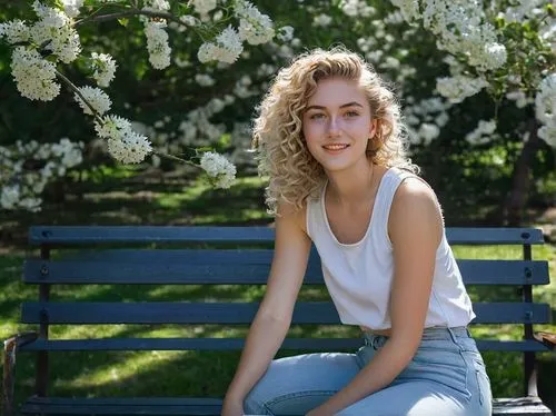 Kate Baylay, 20yo, beautiful detailed eyes, light freckles, curly blonde hair, soft smile, minimal makeup, casual wear, white tank top, high-waisted jeans, sneakers, sitting, park bench, sunny day, cl