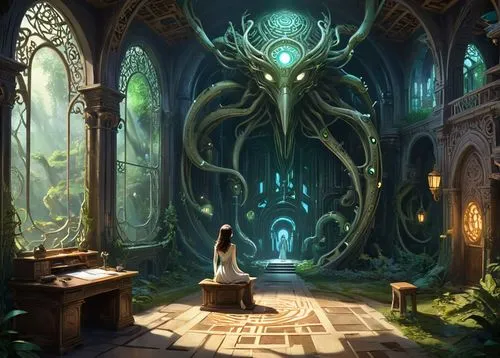 hall of the fallen,fantasy picture,dandelion hall,fantasy art,ornate room,apothecary,sci fiction illustration,elven forest,magic grimoire,sanctuary,3d fantasy,enchanted forest,the throne,apiarium,fantasia,witch's house,divination,cuthulu,chamber,druid grove,Unique,Design,Character Design