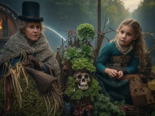 children's fairy tale,digital compositing,celebration of witches,the victorian era,arrowroot family,christmas carol,butterbur,costume festival,victorian fashion,victorian style,fantasy picture,little 