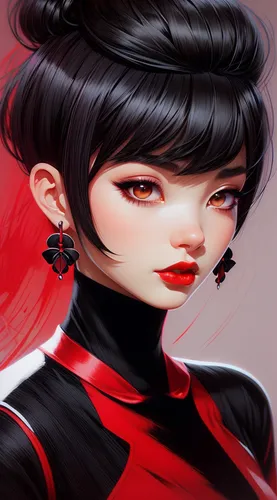 geisha,geisha girl,mulan,two-point-ladybug,fire red eyes,red eyes,red background,red lantern,oriental girl,ladybug,hong,noodle image,siu mei,on a red background,katana,persona,poppy red,digital painting,red plum,crimson