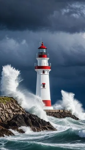 A lighthouse in the midst of the storm, representing firm trust in God even in adversity.,electric lighthouse,petit minou lighthouse,ouessant,northeaster,light house,phare,lighthouses,lighthouse,light