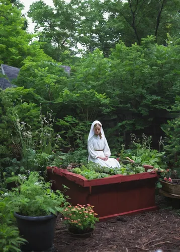 Describe a serene moment in Chloe Murdoch's garden.,jizo,kundalini,vipassana,praying woman,buddhist monk,yogananda guru,woman praying,buddhist,sake gardens,yogananda,tea ceremony,zen garden,star jasmi