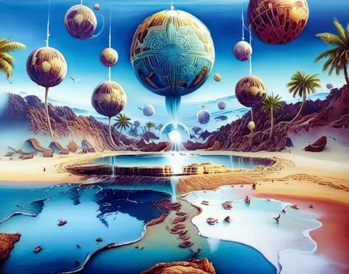 surreal painting of different shapes and sizes,alien planet,planet eart,zoombinis,fractal environment,alien world,extrasolar,Illustration,Realistic Fantasy,Realistic Fantasy 15