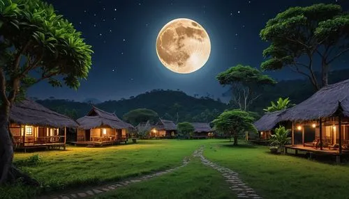 yard with full moon in the background, moonlit Kerala village, night village background, full moon night, night scene, dark but detailed digital art, by Krzysztof Boguszewski, night time, by Wu Zhen, 