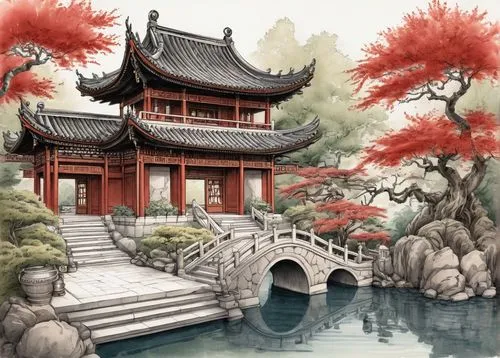 asian architecture,oriental painting,qingcheng,qingming,qibao,heian,japanese garden,oriental,japanese garden ornament,japanese art,shuozhou,water palace,baiul,suzhou,soochow,wudang,chaozhou,summer palace,yuexiu,wenhao,Illustration,Black and White,Black and White 34