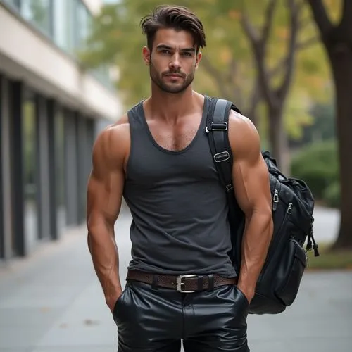 a male university student, insanely handsome with powerful muscles wearing leather pants and a tank top, and a backpack




,a university student wearing leather pants on campus,leatherman,nyle,folsom