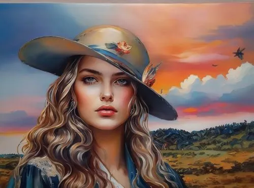 oil painting on canvas,oil painting,art painting,painting technique,photo painting,woman's hat,oil on canvas,cowgirl,world digital painting,fantasy portrait,western,cowboy hat,girl wearing hat,the hat