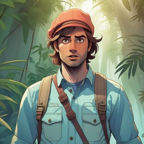 a man with a hat and backpack stands in front of the jungle,junpei,forest workers,campesino,farmboy,farmer in the woods,beedle,paleobotanist,fieldsmen,telltale,paleontologist,overland,sinjin,arrietty,