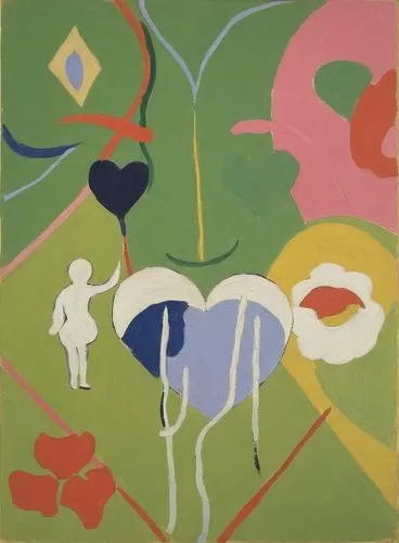 a painting with an image of a woman holding up a heart,matisse,frankenthaler,fauvist,kitaj,munari,feitelson,Art,Artistic Painting,Artistic Painting 40