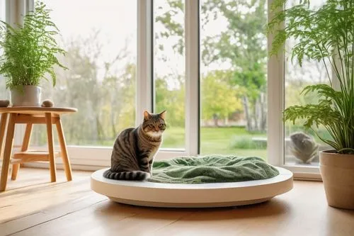 Pet house, modern architecture, minimalist design, white walls, large windows, wooden floors, cozy interior, cat tower, scratching post, pet bed, toys scattered around, natural light pouring in, green