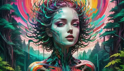 dryad,seelie,unseelie,flora,splintered,psychedelic,persephone,medusa,psychedelia,delirium,iridescent,ocellated,hallucination,neon body painting,meridians,psychoactive,aberration,shpongle,hallucinated,biophilia,Illustration,Realistic Fantasy,Realistic Fantasy 39