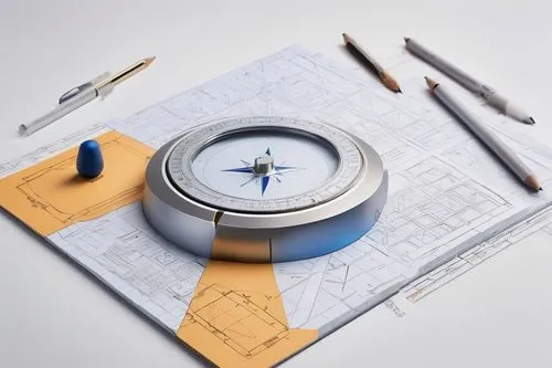 Design compass, architecture tool, silver metal body, ergonomic grip, rotating bezel, precise measurements, 3D modeling, urban planning, blueprints, grid paper, pencil holder, minimalistic design, sle