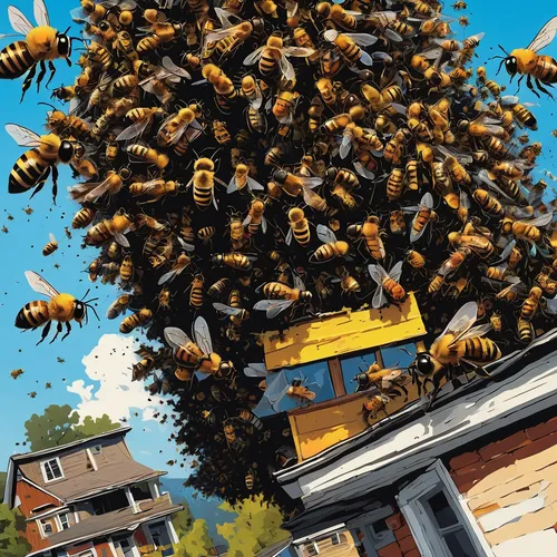 Write a thrilling article about a swarm of bees terrorizing the peaceful town of Danville.,swarm of bees,bee colony,bee farm,bees,swarm,bee colonies,bee hive,bumblebees,beekeeping,beekeepers,drone bee