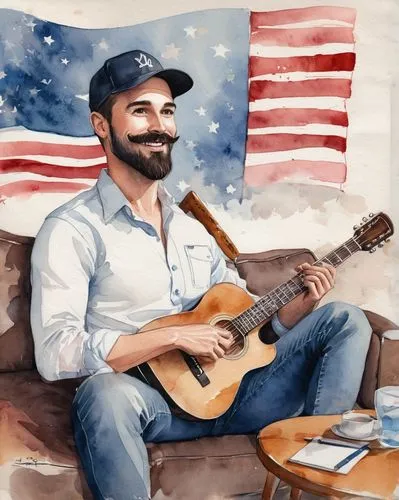 Lolita, American dad, casual, 40s, smiling face, blue eyes, brown hair, thick beard, mustache, white shirt, dark jeans, leather belt, sneakers, sitting on couch, living room, American flag, baseball c