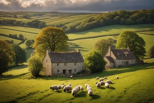 Rural herdman architecture, traditional European farmhouse, stone walls, wooden beams, rustic door, lantern roof, chimney smoke rising, surrounded by vast green pastures, rolling hills, scattered tree