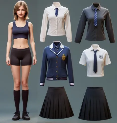 Paper doll British 16 year old schoolgirl in black sleeveless shirt ,black tight fit spandex shorts with black sock and black shoe standing surrounded by with a set of british school uniform, white dr