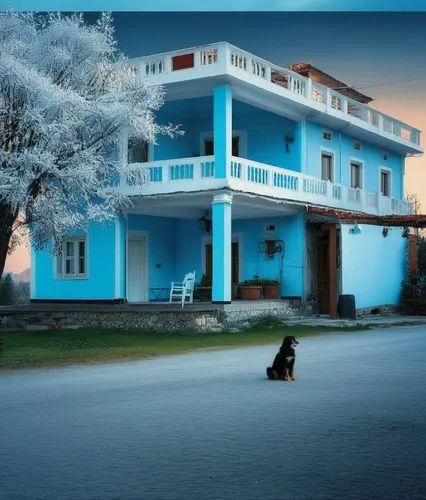 Paint this house light blue white black,tashkent,srinagar,winter house,hala sultan tekke,cat on a blue background,stray dog on road,erciyes dağı,vipassana,build by mirza golam pir,guesthouse,rishikesh