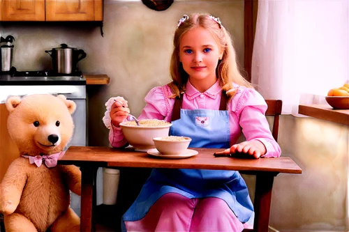 doll kitchen,goldilocks,darci,girl in the kitchen,gretel,girl with bread-and-butter,girl with cereal bowl,tea party,tittlemouse,kalinka,bearmanor,vasilisa,dirndl,pagemaster,star kitchen,bearishness,3d teddy,storybook character,kindertotenlieder,little girl in pink dress,Art,Classical Oil Painting,Classical Oil Painting 36