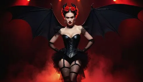 Sexy succubus, seductive smile, curly red hair, bold eyeliner, pale skin, devilish horns, bat-like wings, red lipstick, provocative pose, fishnet stockings, black leather corset, high heels, dancing o