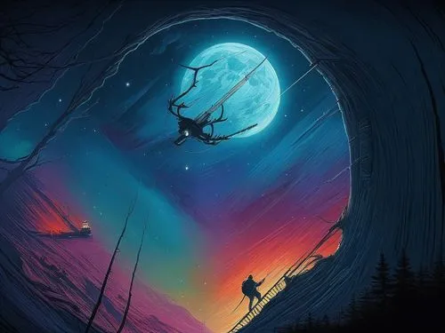 hanging moon,fantasy picture,explorers,halloween illustration,tightrope,sci fiction illustration,moonlighters,halloween background,blue moon,marceline,threadless,dreamscapes,moonlit night,fantasy art,the moon,big moon,full moon,moonbow,hollow way,moon walk,Illustration,Realistic Fantasy,Realistic Fantasy 25