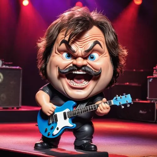 Crazy chubby middle aged year old Jack black bobble head chibi with huge wide eyes and wide huge mouth with a smile with small nose with hair with with thick big eyebrows a bushy big beard with a elec