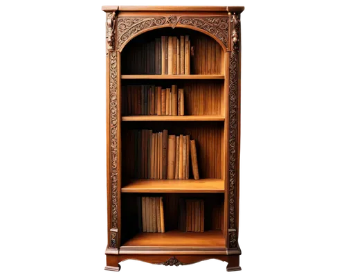 Bookshelf background, wooden bookcase, tall, narrow, vertical, 5-tiered, ornate carvings, golden handles, soft lighting, warm color tone, shallow depth of field, cinematic composition, realistic textu