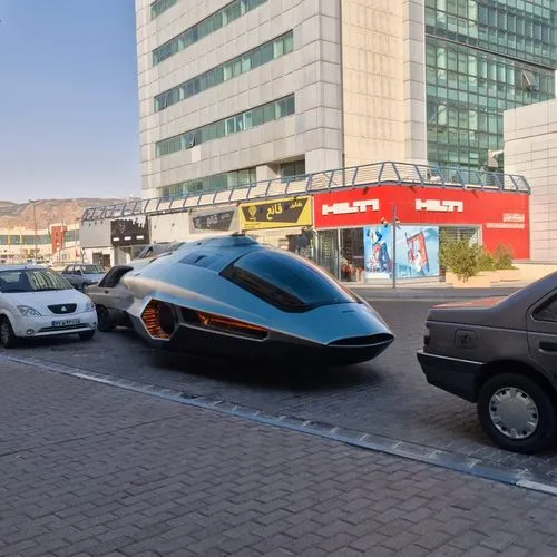 This futuristic spacecraft design,,two cars sitting on the street side by side,futuristic car,car transporter,transport and traffic,automobil,autotransport,giugiaro