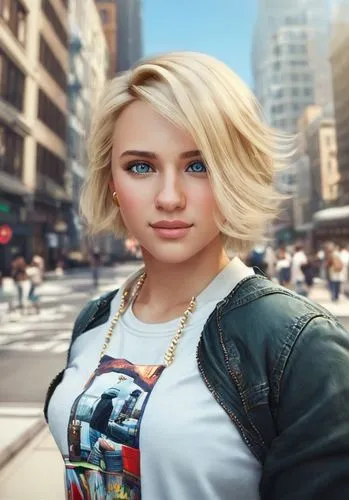 a portrait half body of a beautiful caucasian girl 24 years old blonde hair in a casual outfit the street of New York as background,city ​​portrait,portrait background,elsa,blonde woman,blonde girl,co