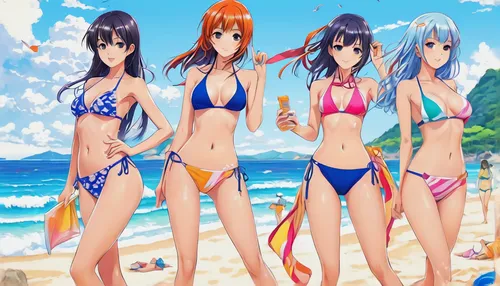 Bikini beauties at the beach,keijo,summer background,swimsuits,idolmaster,beach background,imas,mios,anime 3d,kawaii people swimming,beachwear,umbrella beach,island group,nouaimi,beach goers,neptunia,