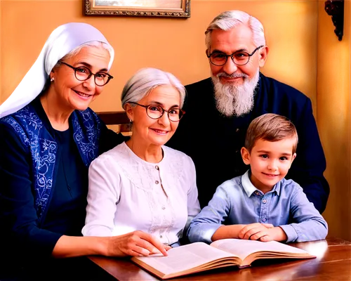 Old family, grandparents, mother, father, children, traditional clothing, wrinkles, silver hair, reading glasses, kind faces, gentle smiles, warm lighting, cozy atmosphere, wooden table, vintage decor