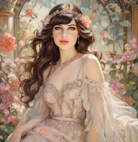 emile vernon,fantasy portrait,romantic portrait,girl in a wreath,girl in flowers,floral wreath,spring crown,wreath of flowers,blooming wreath,victorian lady,fairy queen,fantasy art,beautiful girl with flowers,mystical portrait of a girl,flower fairy,art nouveau,vintage woman,flora,portrait of a girl,fantasy picture