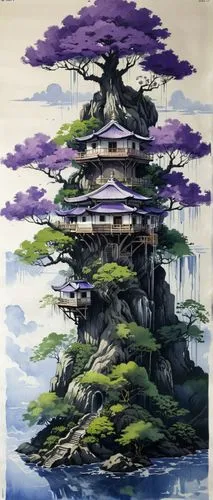 bonsai,japanese art,bonsai tree,the japanese tree,tsukemono,ginkaku-ji,watercolor tree,mushroom island,oriental painting,japan landscape,japanese background,ori-pei,chinese art,watercolor pine tree,honzen-ryōri,bird kingdom,mushroom landscape,amano,purple landscape,watercolor background,Illustration,Japanese style,Japanese Style 10