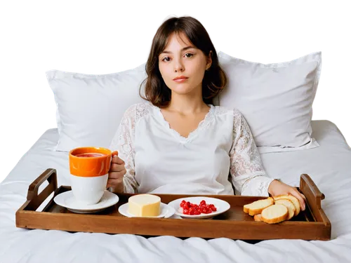 Breakfast in bed, morning scene, cozy atmosphere, female character, 20s, messy bobbed hair, sleepy eyes, relaxed facial expression, white silk pajamas, lace trim, soft blanket, scattered pillows, wood