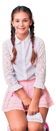 Young girl, lovely smile, bright teeth, rosy cheeks, gentle eyes, curly brown hair, ponytail, white blouse, pink skirt, lace socks, Mary Janes, sitting on knees, hands clasped together, warm lighting,