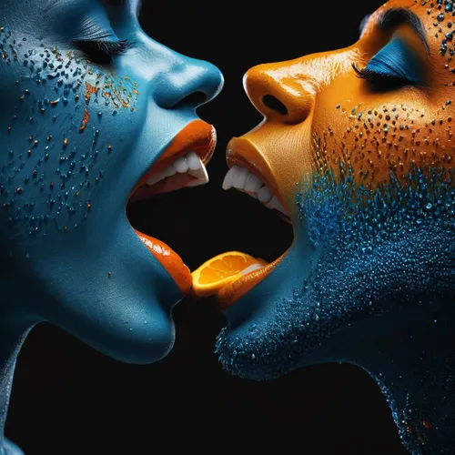 blue mouth orange mouth kissing fantasy magical,conceptual photography,girl kiss,amorous,bodypainting,face to face,photo manipulation,photoshop manipulation,kissing,man and woman,photomanipulation,mys