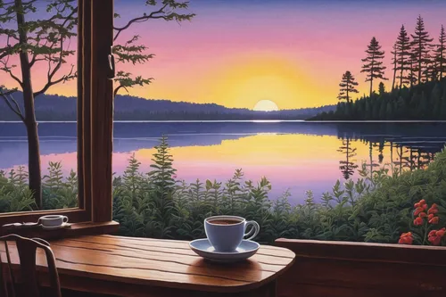 summer cottage,breakfast table,home landscape,evening lake,cottage,lake view,oil painting on canvas,art painting,morning illusion,coffee bay,oil painting,landscape background,drinking coffee,mountain sunrise,purple landscape,woman drinking coffee,coffee break,spring morning,idyllic,beautiful morning view,Illustration,Realistic Fantasy,Realistic Fantasy 11