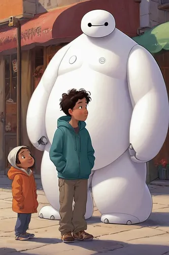 disney baymax,baymax,ice bear,icebear,studio ghibli,gigantic,michelin,big hero,giant,big,huge,real marshmallow,stroll,blob,scale,big buddha,heavy weight,kids illustration,family outing,fatayer,Illustration,Vector,Vector 04