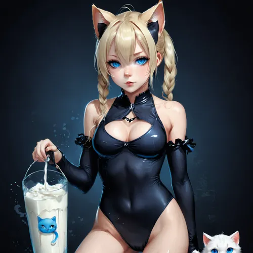 Cat Ears,ponytails,blonde,small Swinsuit,Girl,Blue eyes,open mouth, milk,drinking milk,milk,sugar milk,milk cow,rice milk,milk splash,milk pitcher,cow's milk,glass of milk,milk utilization,milk contai