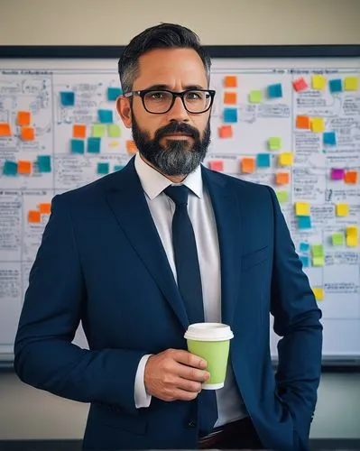 Software architect, mature man, (40yo), glasses, short black hair, beard, formal attire, white shirt, black tie, dark blue suit, standing, in front of a large whiteboard, markers in hand, designing, s