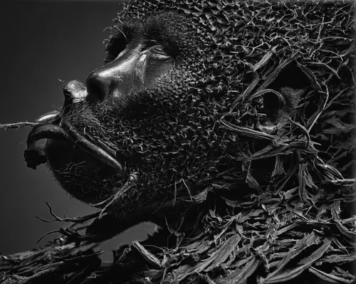 crown of thorns,crown-of-thorns,mandelbulb,charcoal nest,tisci,png sculpture,album cover,bronze sculpture,reptilia,shavings,buddha,primitive man,cd cover,beard flower,death mask,forest man,tieguanyin,scrap sculpture,arròs negre,intricate,Photography,Black and white photography,Black and White Photography 02