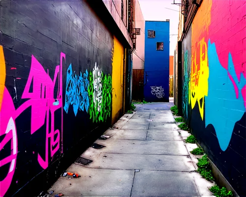 Graffiti art, urban street scene, vibrant colors, abstract shapes, stylized letters, dynamic brushstrokes, distressed texture, peeling walls, alleyway setting, afternoon sunlight, high-angle shot, sha