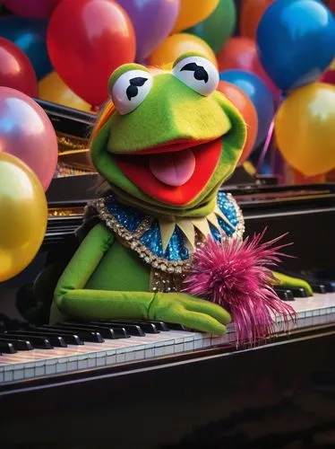 Kermit, Miss Piggy, Fozzie, Gonzo, Animal, shiny, sparkling, glittering, metallic, rainbow-colored, iridescent, stage lights, spotlights, curtains, velvet drapes, ornate mirrors, luxurious carpet, gra