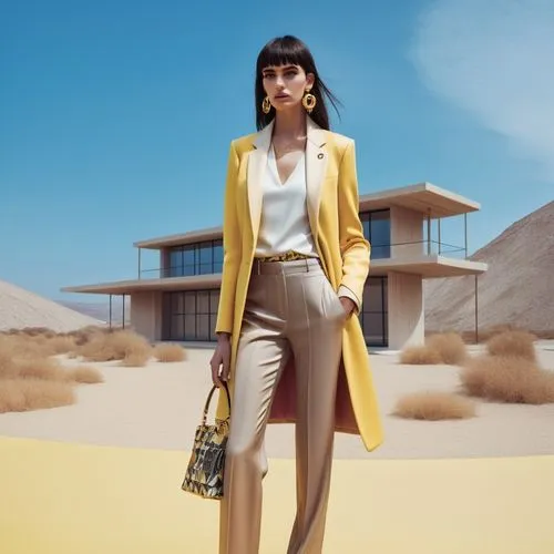 an image of a woman in a yellow jacket and pants,yellow purse,krakoff,maxmara,delvaux,woman in menswear,grazia,Photography,Fashion Photography,Fashion Photography 11