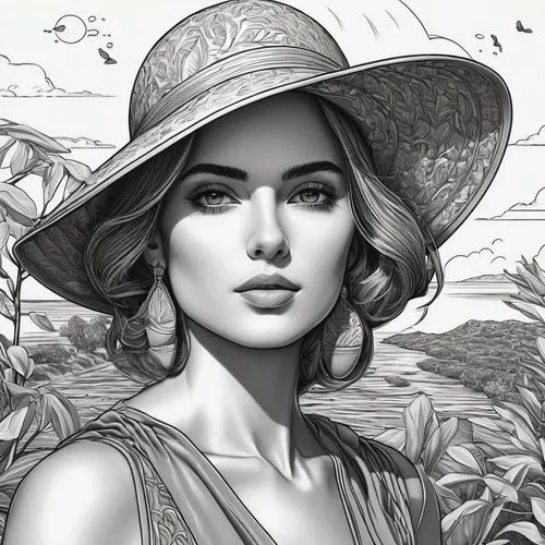 sun hat,straw hat,world digital painting,fashion illustration,panama hat,pencil drawings,digital painting,high sun hat,fashion vector,pencil drawing,vintage drawing,illustrator,girl wearing hat,vintage woman,summer line art,fantasy portrait,mock sun hat,pencil art,romantic portrait,digital art,Illustration,Paper based,Paper Based 02