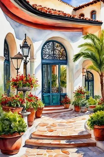 watercolor painting,patios,watercolor shops,watercolor cafe,watercolor,exterior decoration,mexican painter,church painting,patio,tlaquepaque,art painting,hacienda,facade painting,spanish tile,provencal,casitas,watercolor background,flower painting,pittura,italian painter,Illustration,Paper based,Paper Based 24