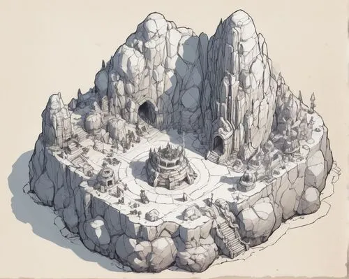 floating island,mushroom island,lava dome,hoodoos,mushroom landscape,terrain,rock cairn,mountain settlement,snow mountain,cloud mountain,rock needle,volcanic plug,fairy chimney,mountain plateau,mountain world,5 dragon peak,rock formations,stacked rock,stone desert,floating islands,Illustration,Paper based,Paper Based 07