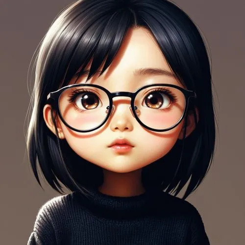 女生，眼镜，黑色毛衣，卡通，chibi,a  wearing glasses with long bangs and round brown eyes,cute cartoon character,shimoji,rukia,cute cartoon image,megane,sarada,Illustration,Japanese style,Japanese Style 11